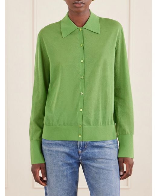 FRAME Green The Collared Cardi Cotton-Blend Cardigan