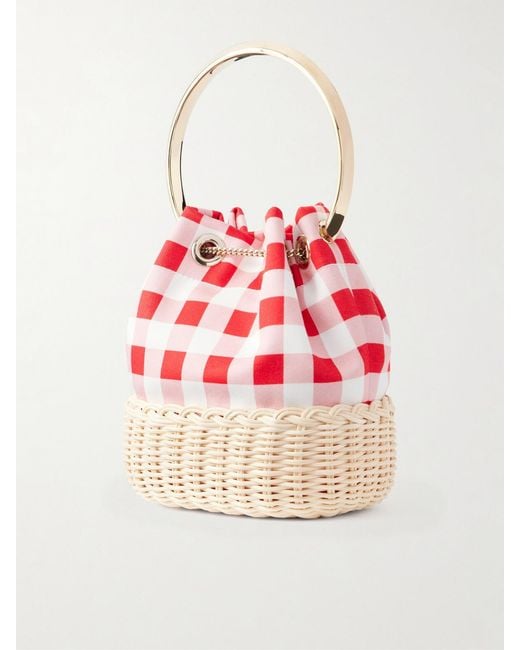 Jimmy Choo Red Bon Bon Embellished Woven Raffia Checked Woven Bucket Bag