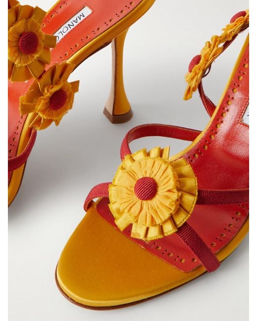 Manolo Blahnik Metallic Palissot 105 Leather-Trimmed Appliquéd Grosgrain And Satin Sandals