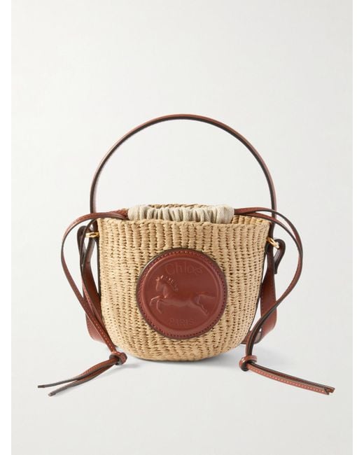 Chloé Natural Embossed Leather-Trimmed Raffia-Like Bucket Bag