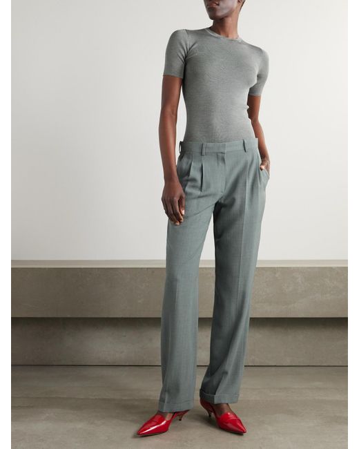 The Row Gray Everhart Pleated Wool-Blend Straight-Leg Pants