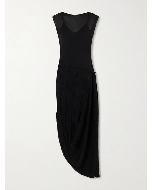 Balmain Black Draped Mesh-Jersey Midi Dress