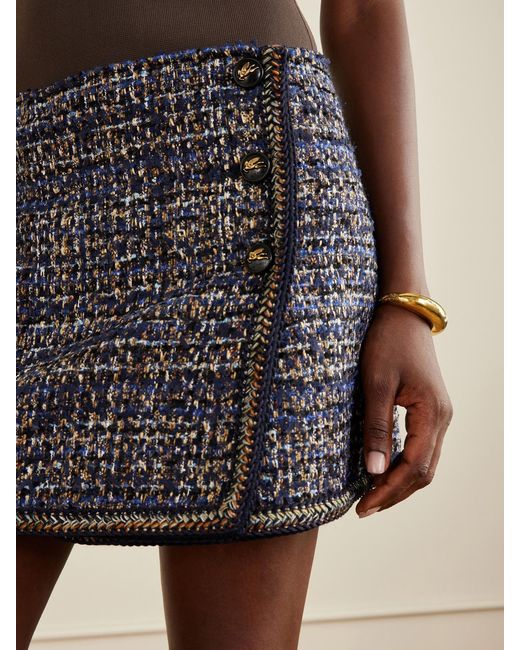 Etro Blue Wrap Button Tweed Mini Skirt