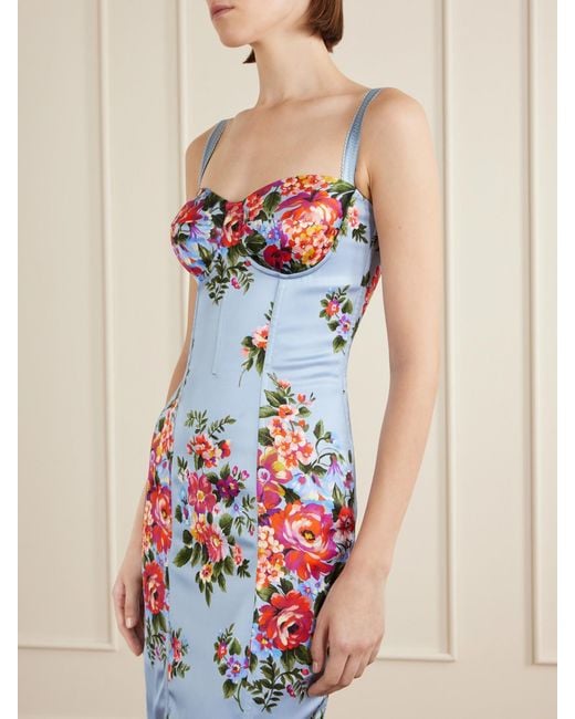 Dolce & Gabbana White Floral-Print Satin Bustier Midi Dress