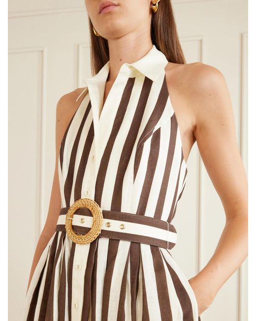 Cara Cara White Quentin Belted Pleated Striped Cotton-Poplin Halterneck Midi Dress