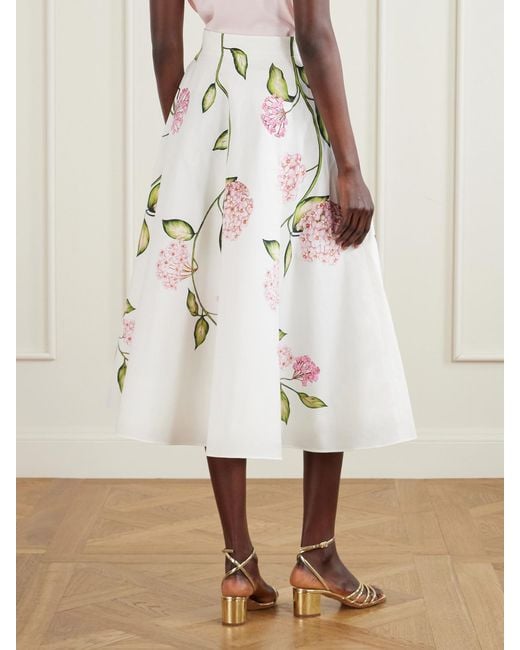 Oscar de la Renta Natural Porcelain Floral-Print Stretch Cotton-Poplin Midi Skirt
