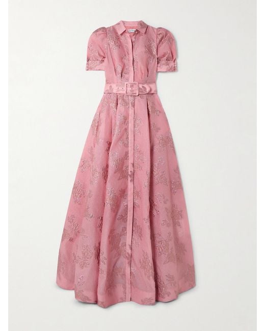 Rebecca Vallance Pink Annette Belted Metallic Brocade Gown