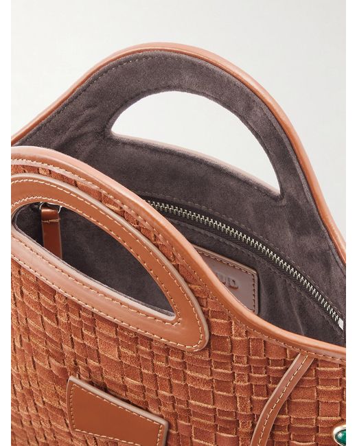Staud Brown Cleo Logo-Debossed Leather-Trimmed Woven Suede Tote