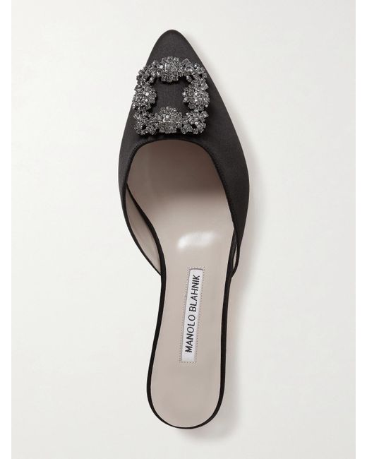 Manolo Blahnik White Hangisi Crystal-Embellished Satin Slippers
