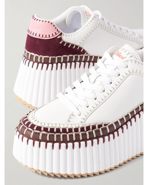 Chloé Nama Embroidered Suede-Trimmed Leather Platform Sneakers