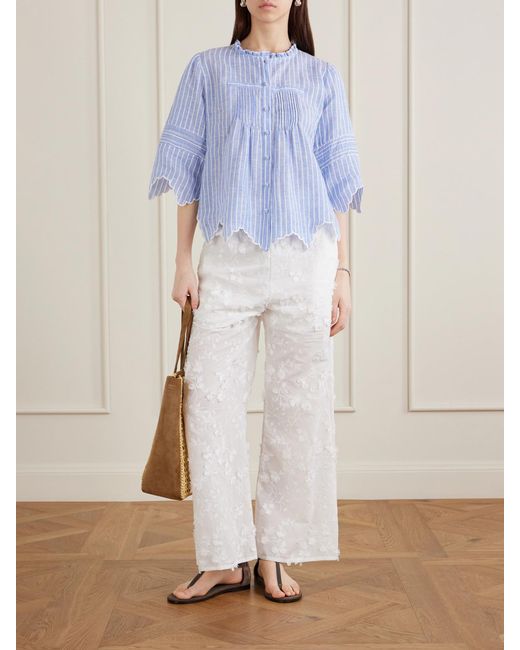 Loretta Caponi White Speranza Embroidered Fil-Coupé Cotton Straight-Leg Pants
