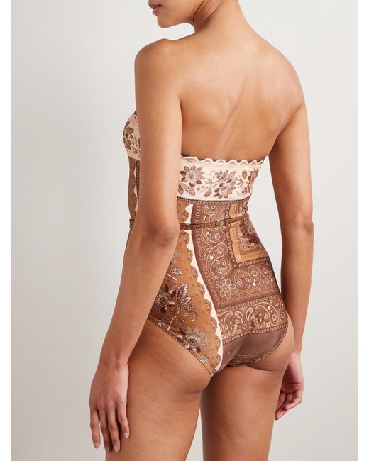 Zimmermann Brown Lucky Trägerloser Badeanzug Mit Print Und Gürtel