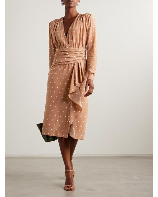 Alessandra Rich Natural Midikleid Aus Crêpe De Chine Aus Seide Mit Polka-Dots Und Raffungen
