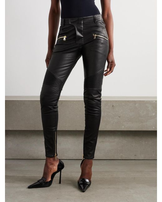 Balmain Black Eng Geschnittene Lederhose Mit Reißverschlüssen