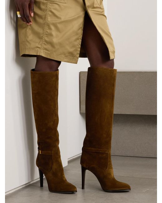 Saint Laurent Brown Diane Kniehohe Stiefel Aus Veloursleder Mit Logodetail