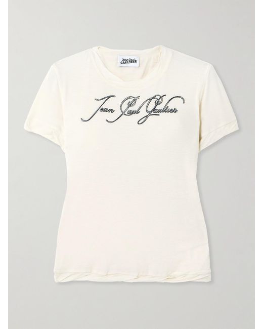 Jean Paul Gaultier Natural T-Shirt Aus Baumwoll-Jersey Mit Print Und Stickerei