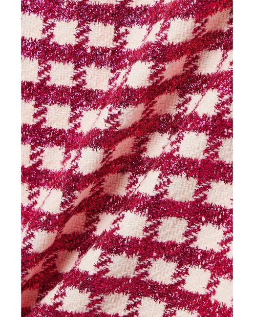 Oscar de la Renta Red Frayed Checked Metallic Wool-Blend Tweed Skirt