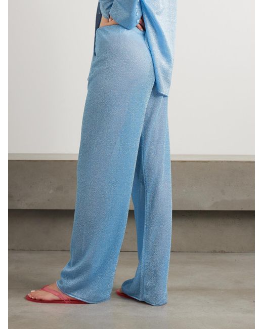 Oseree Blue Lumière Metallic Stretch-Knit Straight-Leg Pants