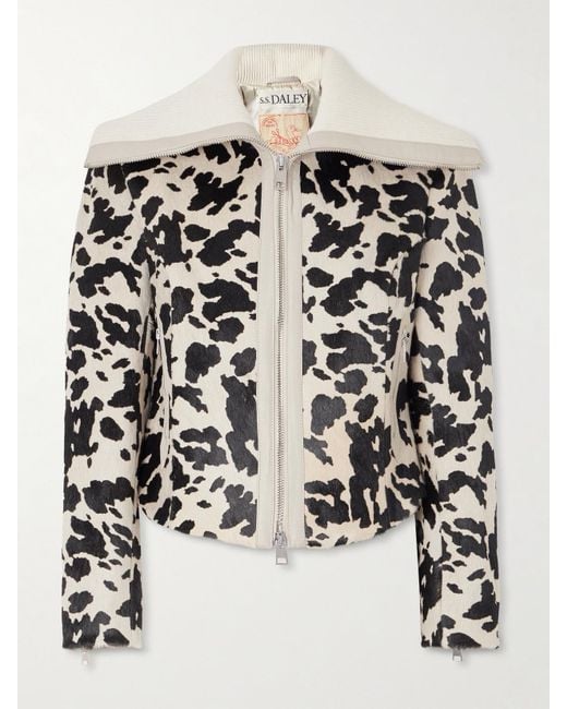 S.S.Daley Black Ribbed Cropped Wool-Trimmed Animal-Print Goat Hair Jacket