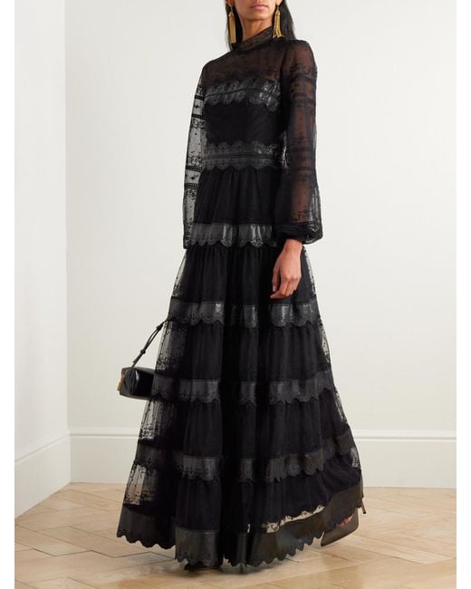 Costarellos Black Jacey Embroidered Tulle Gown