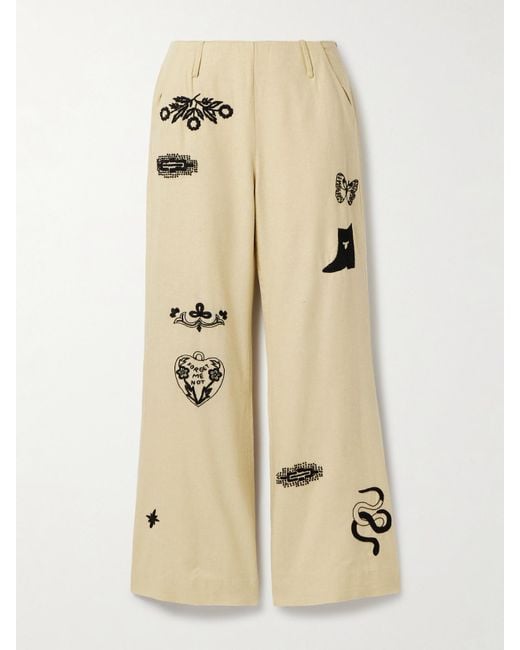 Alix Of Bohemia Natural Charlie Rye Embroidered Silk Flared Pants