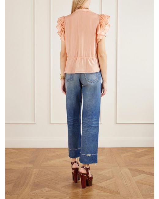 Chloé Pink Ruffled Lace-Trimmed Silk-Habotai Blouse