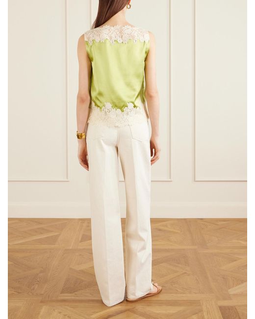 Doen Yellow Viviane Lace-Trimmed Silk-Satin Top