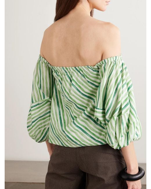Rosie Assoulin Green Off-The-Shoulder Striped Tencel Lyocell And Linen-Blend Blouse