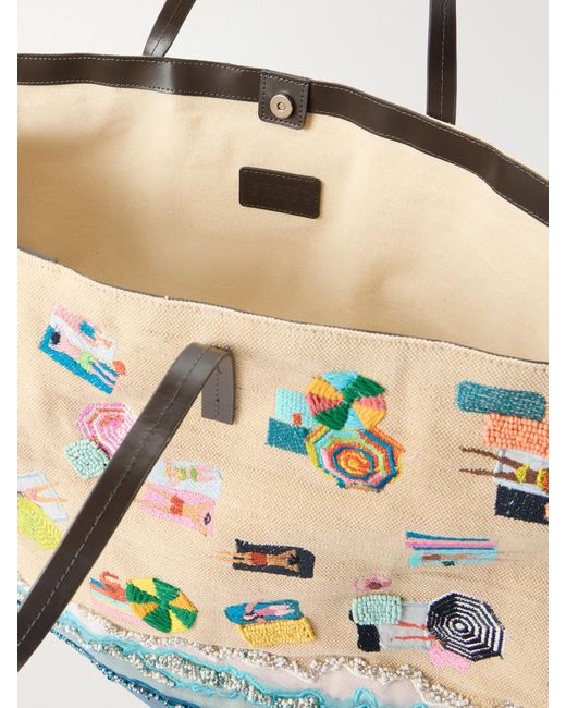 Staud Blue Christos Large Leather-Trimmed Embroidered Bead-Embellished Canvas Tote