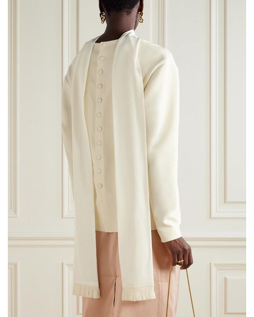 Carven Natural Fringed Scarf-Detailed Silk-Trimmed Wool-Blend Blouse