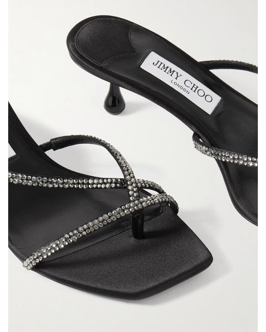 Jimmy Choo Black Etana 50 Crystal-Embellished Satin Mules