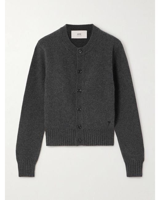 AMI Gray Embroidered Cashmere And Wool-Blend Cardigan