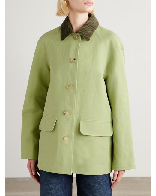 Loro Piana Green Broderick Corduroy-Trimmed Linen And Silk-Blend Coat