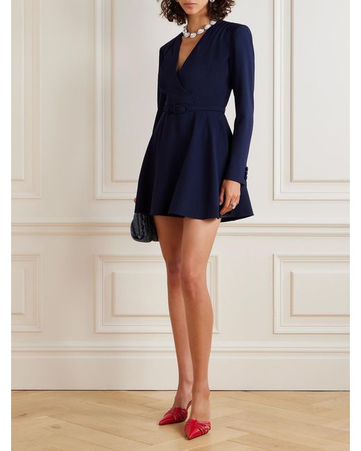 Alessandra Rich Blue Belted Wool-Blend Crepe Mini Dress