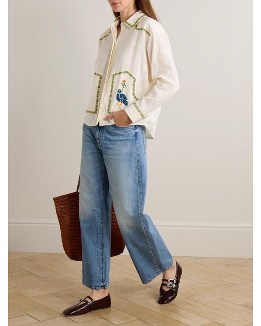 Mother Blue The Dodger Flood Embroidered Mid-Rise Straight-Leg Jeans
