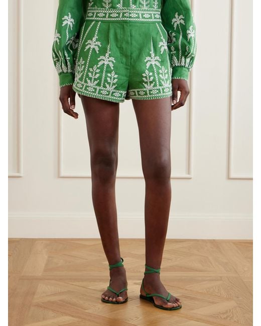 Farm Rio Green Embroidered Linen Shorts