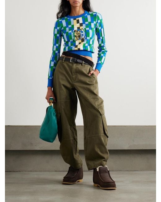 Loewe Blue Anagram Appliquéd Checked Intarsia Cotton Sweater