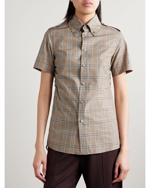 Burberry Natural Buckled Ruched Checked Cotton-Poplin Shirt