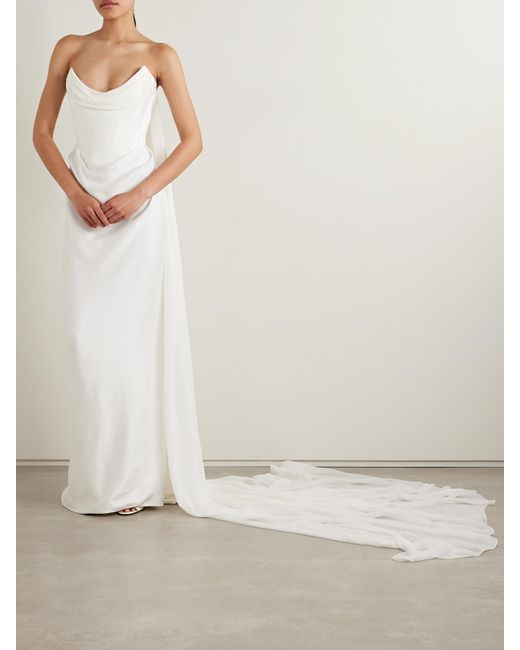 Vivienne Westwood White Galaxy Cape-Effect Strapless Organic Silk Chiffon-Trimmed Satin Gown