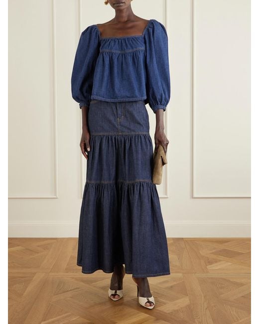 Saint Laurent Blue Gathered Denim Blouse