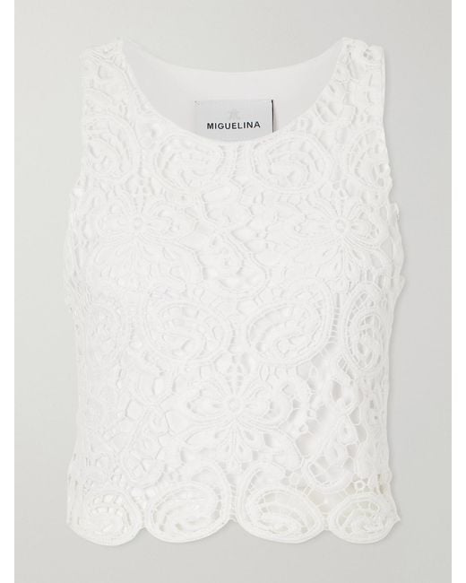 Miguelina White Rosi Cropped Guipure Lace-Trimmed Cotton-Jersey Top