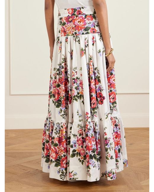 Dolce & Gabbana White Pleated Tiered Floral-Print Cotton-Poplin Midi Skirt
