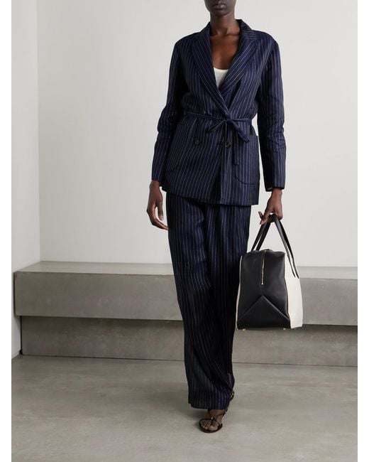 Brunello Cucinelli Blue Double-Breasted Belted Metallic Pinstriped Cotton-Blend Blazer