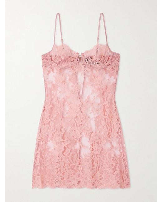 Kiki de Montparnasse Pink Camille Silk Satin-Trimmed Organic Cotton-Blend Lace Chemise