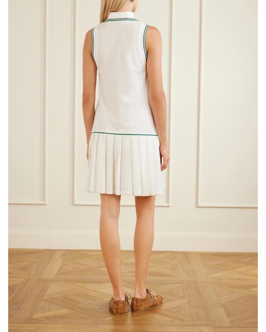 Burberry White Logo-Embroidered Pleated Cotton Dress