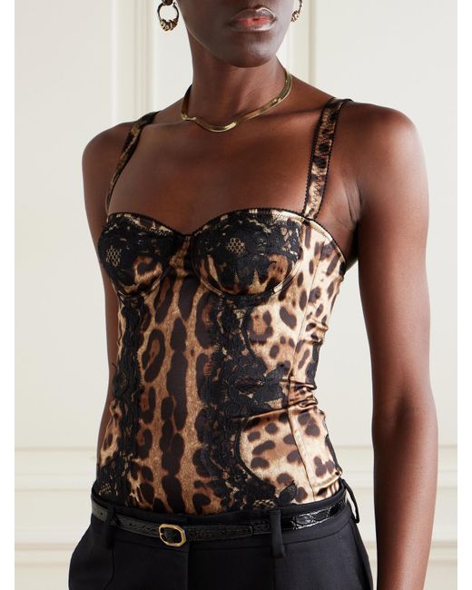 Dolce & Gabbana Brown Body Aus Satin Aus Einer Seidenmischung Mit Leopardenprint Und Spitzenbesätzen