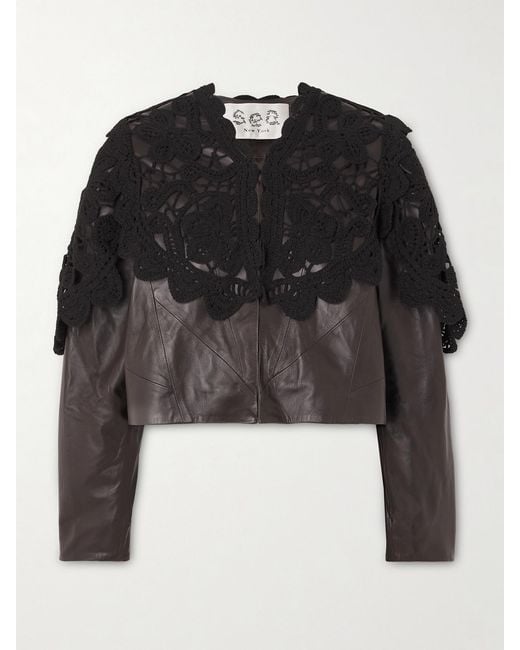 Sea Black Gwen Cropped Scalloped Crochet-Trimmed Leather Jacket