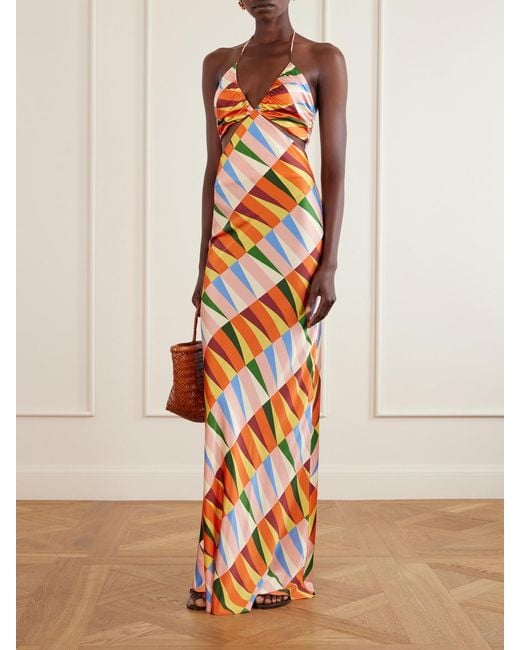 Christiano Marchelli White Caterina Printed Silk-Blend Satin Halterneck Maxi Dress