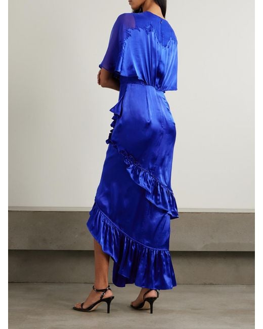 Saloni Blue Rose Ruffled Wrap-Effect Devoré Satin And Chiffon Maxi Dress