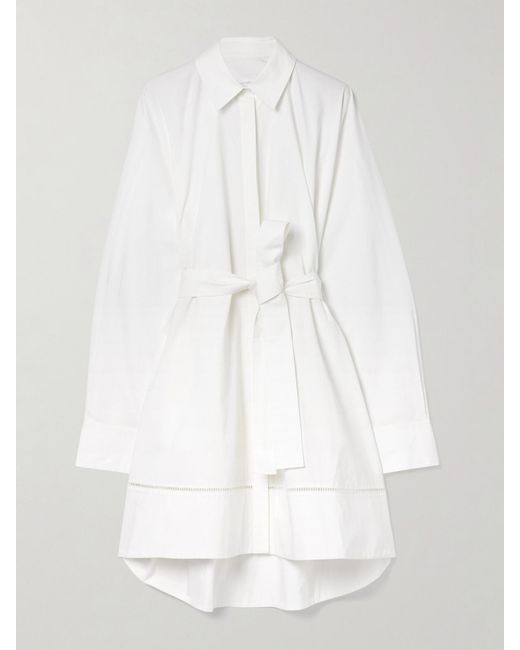 Proenza Schouler White Sammy Belted Crochet-Trimmed Cotton-Blend Poplin Mini Shirt Dress